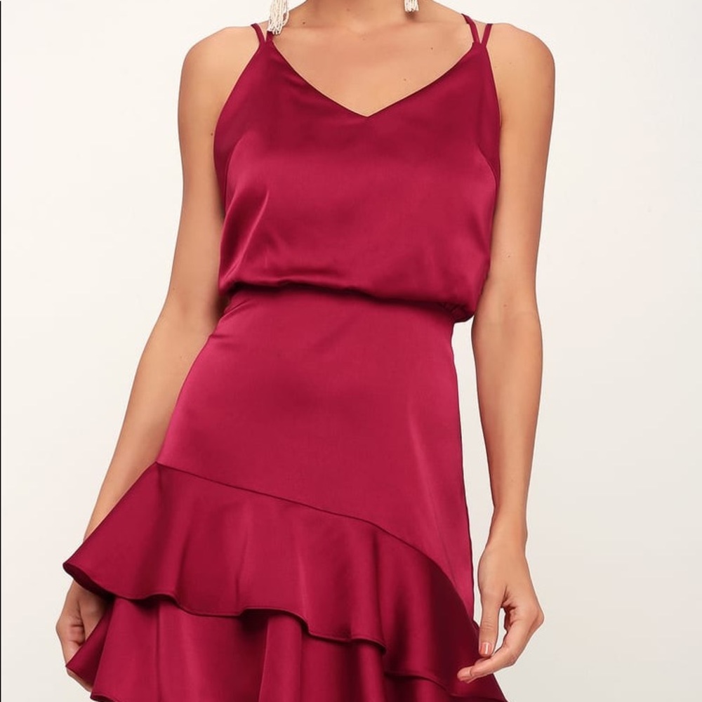 On the Floor Fuchsia Satin Ruffle Dress